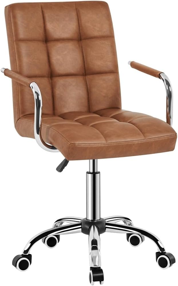 Butterslay Mid-Back PU Leather Office Chair with Armrests 360° Swivel Rolling Height Adjustable Desk Chair with Lumbar Support for Home Office Bedroom White/Pink/Brown/Retro Brown (Retro Brown)