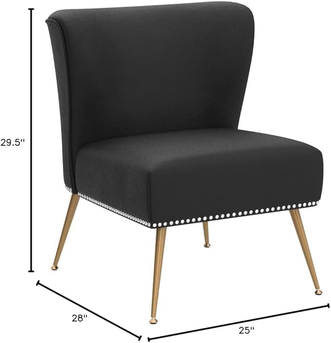 Thia Armless Velvet Accent Chair for Living Room Elegant Seat with Nailhead Trim Gold Metal Legs and Comfortable Curved Back 28 D x 25 W x 29.5 H Black