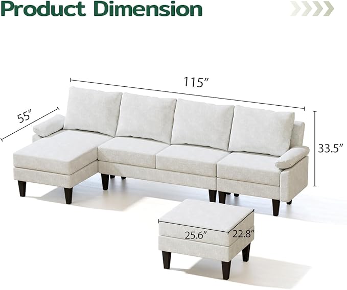 115 Inch Modular Sectional Sofa with Storage Ottoman Modern L-Shaped Sectional Couch with Chaise Chenille Couch for Living Room Apartment or Small Spaces Off-White