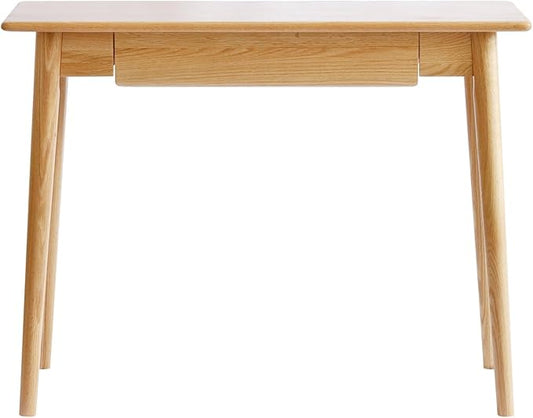 100% Solid Oak Wood Home Office Desk Mid Century Modern Desk Writing Computer Desk with Drawer for Home Office Sturdy Writing Workstation 39