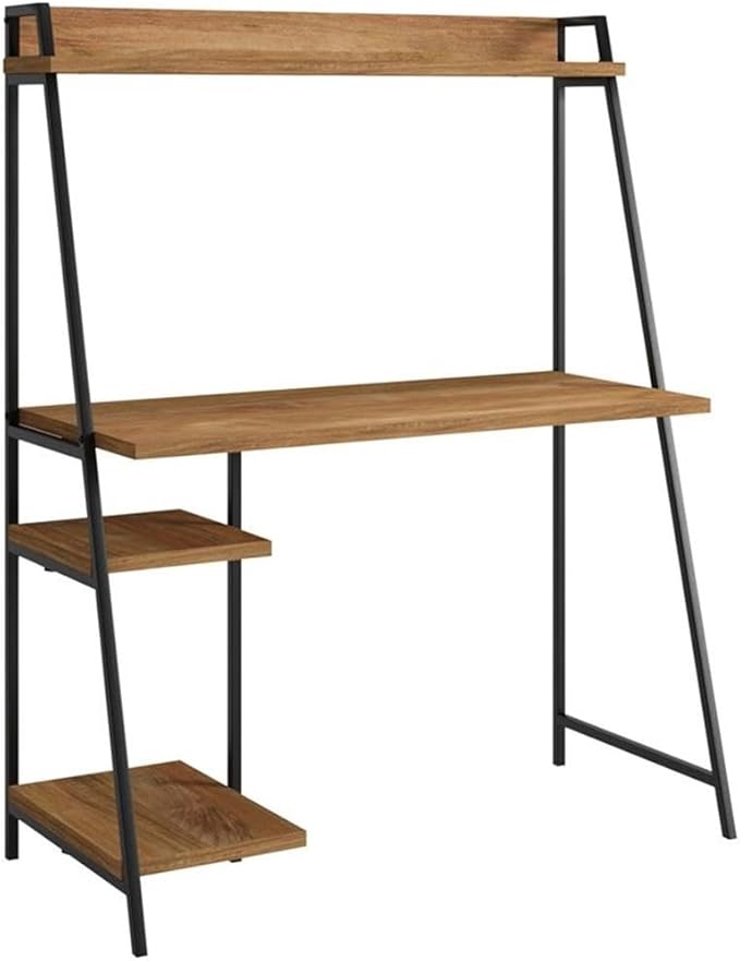 Pemberly Row Mid-Century Engineered Wood Computer Desk Sindoori Mango/Brown Finish 43 in Wide 54 in Tall Durable Metal Frame with Hutch Modern Small Office Desk for Home or Workspace