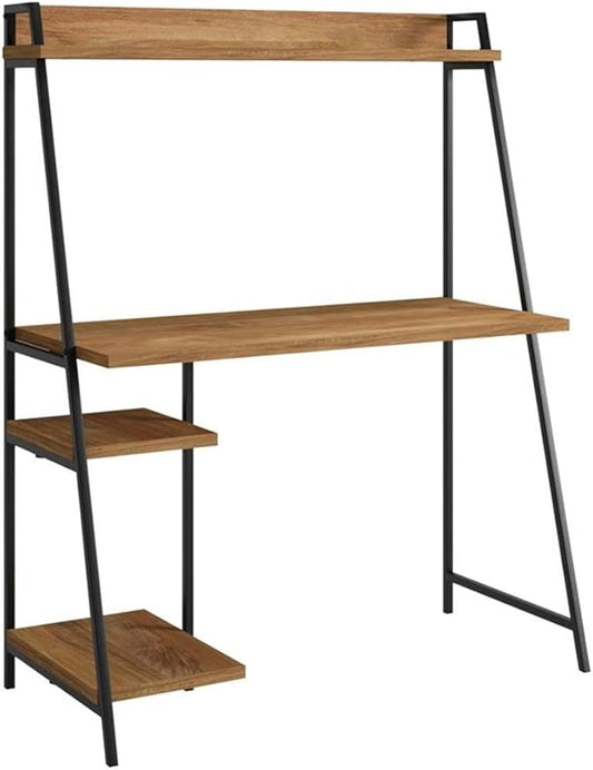 Pemberly Row Mid-Century Engineered Wood Computer Desk Sindoori Mango/Brown Finish 43 in Wide 54 in Tall Durable Metal Frame with Hutch Modern Small Office Desk for Home or Workspace