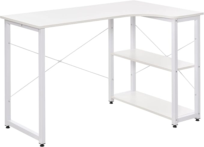 Industrial L Shaped Computer Desk with 2 Side Shelves and Steel e Corner Desk Study Workstation for Home Office White