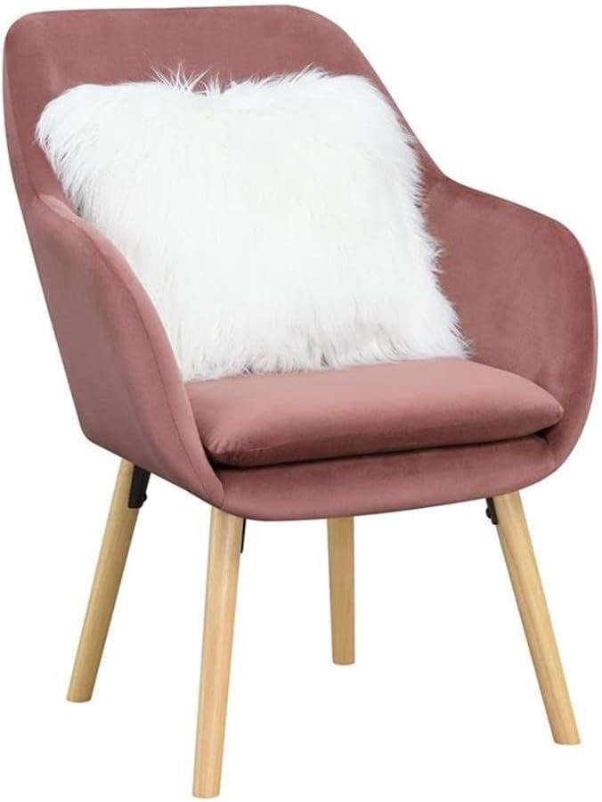 Pemberly Row Contemporary Accent Chair Pink Velvet Fabric Solid Red Oak Legs Detachable Foam Cushion 25.25 x 26.75 x 33.5 in Stylish Living Room or Office Seating