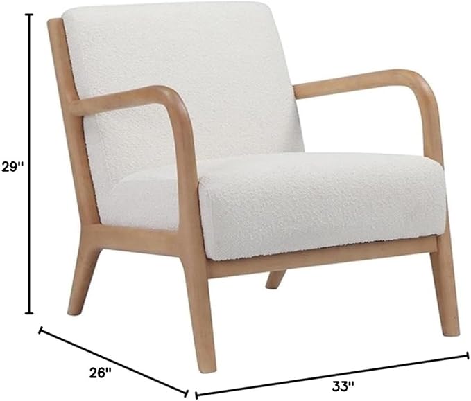 Pemberly Row Contemporary Lounge Chair White Boucle Fabric Wood Veneer Frame Modern Accent Armchair Fully Assembled Living Room Seating or Bedroom Lounge Chair
