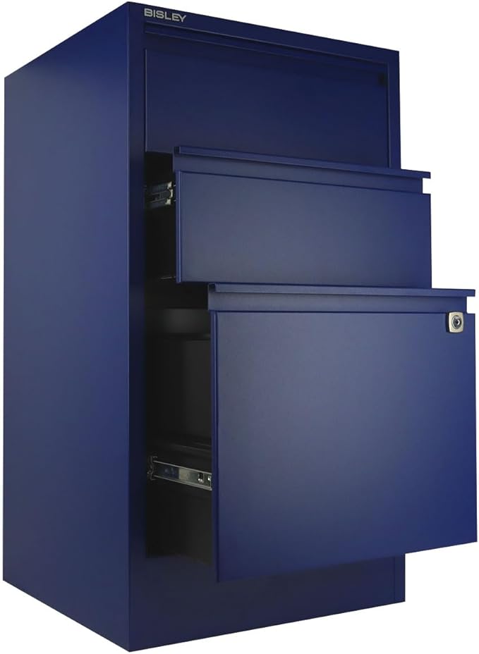 Bisley 3-Drawer Flush Front Vertical File Cabinet - Oxford Blue 2 Utility Drawers + 1 Hanging File Drawer Powder-Coated Steel Locking Bottom Drawer