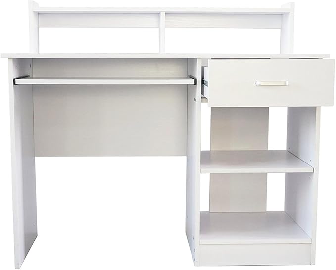White Desks Workstations 110cm Office Desk Computer Workstations Computer Desk with Keyboard Tray Home Office Desks Writting Desk with Drawer 110 x 50 x 95cm L x W x H