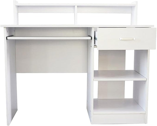 Home Office Desk - Computer Desk with Keyboard Tray - Study Table and Writing Desk with Storage - Wood Teacher Desk - Gaming Desk and Executive Desk with Drawer and Shelves for Small Spaces - White