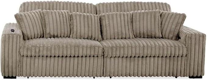 Pemberly Row 113 W Corduroy Fabric Cloud Convertible Sectional Deep Seat Sofa Slider with Power Recliner Glider USB Charging Ports and 6 Cushions in Presley Latte for Living Room