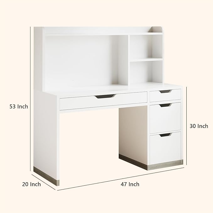 White Desk with Hutch 53 Inch Computer Desk with Storage File Drawer White Study Desk with 4 Drawers for Bedroom Small Space