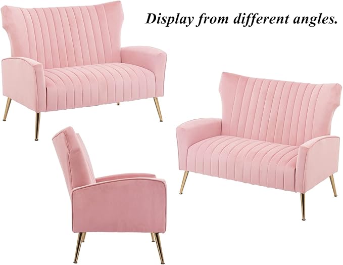 Velvet Couch Modern Wingback Loveseat Tufted Luxury Sofa with Gold Legs for Living Room/Bedroom Light Pink