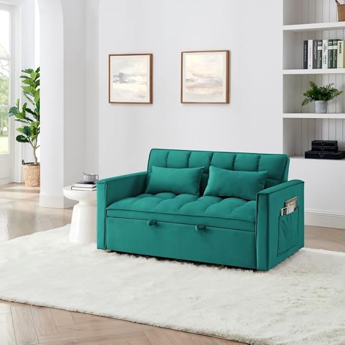 KEIKI 54.33 Pull-Out Sofa Couch Bed 2 in 1 Convertible Velvet Sleeper Sofa with Adjustable Back for Apartment Living Room Antique Green