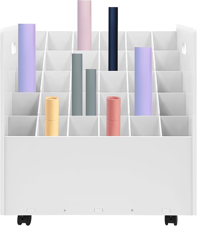 Mobile Roll File Storage Organizer with Wheels 30 Slots White Mobile Files Storage Cabinet Construction Plan Holders Roll Files Storage for Office School (30 Slots White)