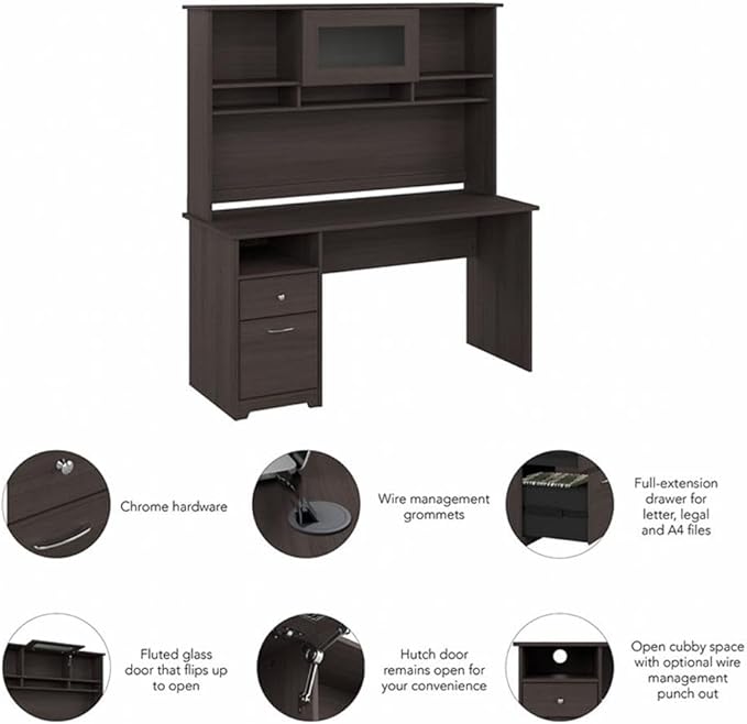 Pemberly Row 60W Computer Desk with Hutch Heather Gray Engineered Wood Built-in Wire Management and Storage File Drawer Fluted Glass Door Home Office Desk 59.45W x 23.19D x 66.3H Inches