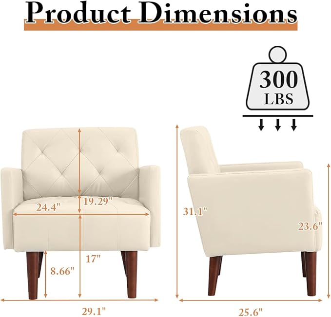 Leather Accent Chair Mid Century Modern PU Leather High Back Armchair for Living Room Chairs with Solid Wood Legs for Small Spaces Bedroom Office (White 29.1 x 25.6 x 31.1)