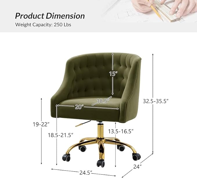 Velvet Office Chair with Gold Base Modern Cute Desk Chair Comfortable Adjustable Swivel Task Chair for Home Office Living Room Bedroom Vanity Study Moss