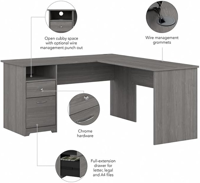 Bush Home Cabot 60W L Shaped Computer Desk with Drawers Modern Gray