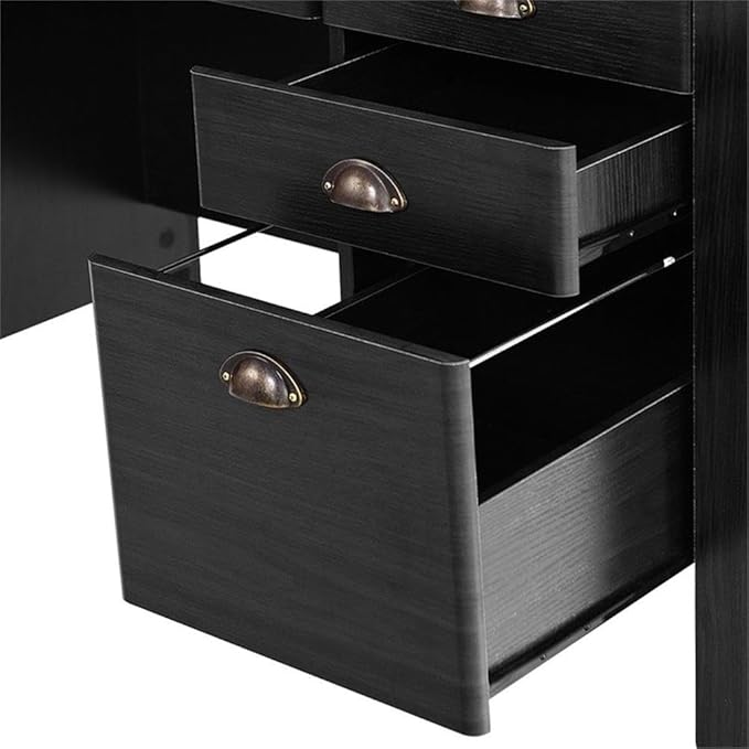 Pemberly Row Computer Desk MDF Wood Construction Black Finish Spacious Tabletop with Elevated Monitor Stand File Drawer and 3 Storage Drawers Modern Workstation for Home Office or Study
