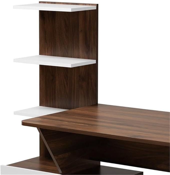 BOWERY HILL Storage Computer Desk 60.6 Wide Wood Construction White and Walnut Brown Finish 6 Shelves with Enclosed Compartment Mid-Century Style for Home Office or Workspace