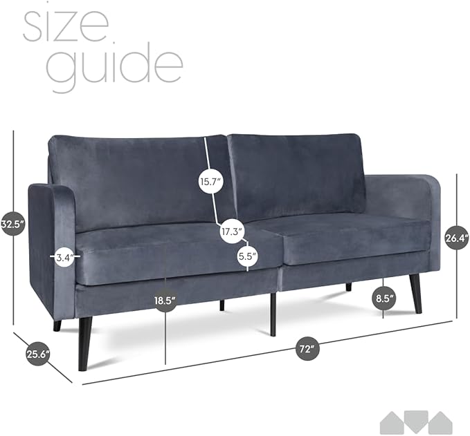 Milliard Velvet Loveseat Sofa 3 Seater 72 Couch with Soft Cushions - Compact One Box Design for Easy Apartment Delivery Modern Style for Living Room Bedroom Office (Velvet Grey) (Grey)