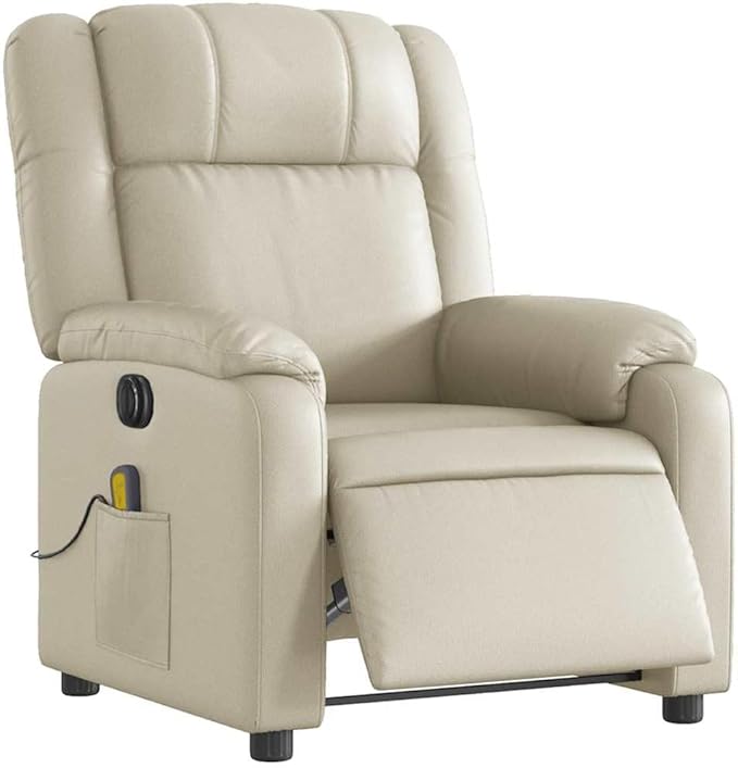 vidaXL Cream Electric Massage Recliner - Faux Leather Wingback Armchair with Vibration Sturdy Frame Electric Reclining Function for Living Room/Office