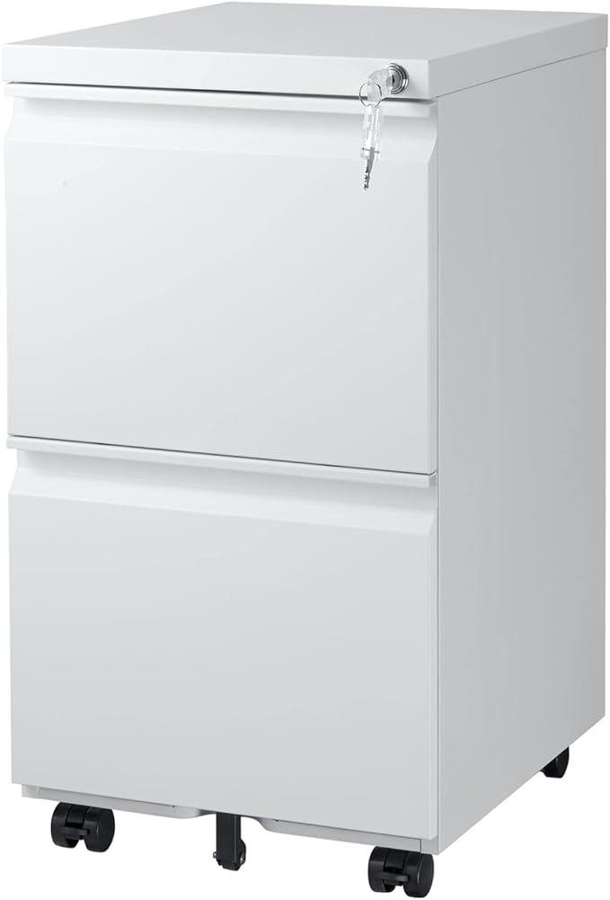 2 Drawer Mobile File Cabinet with Lock and Wheel Anti-tilt Design Metal Vertical Filing Cabinet Rolling Desk Filing Cabinet fits Letter/Legal Size for Home Office (White)