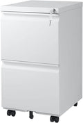 2 Drawer Mobile File Cabinet with Lock and Wheel Anti-tilt Design Metal Vertical Filing Cabinet Rolling Desk Filing Cabinet fits Letter/Legal Size for Home Office (White)