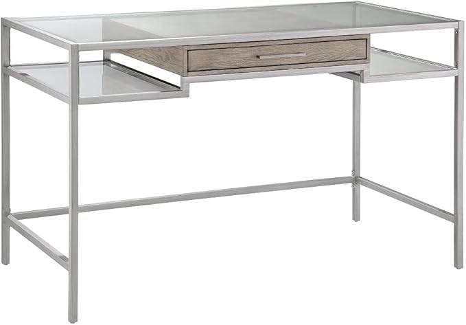Adela Writing Desk - Silver Metal Tempered Glass Top Compact Home Office