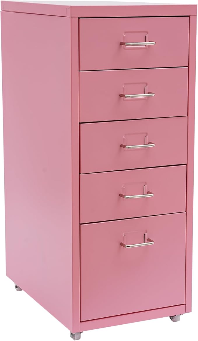 5 Drawer File Storage Cabinet 27 Inch Metal Freestanding Office File Cabinet Drawer Organizer with Wheels Mobile Vertical Storage Cabinet for Bedroom Living Room Office Study (Pink)