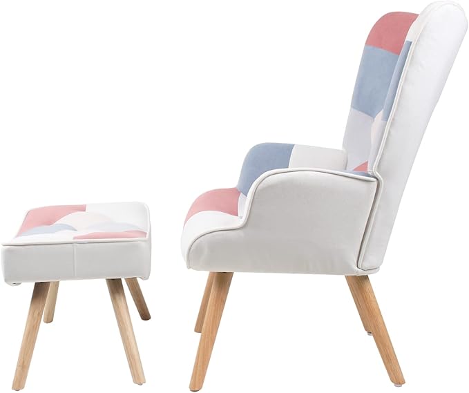 Accent Chair with Ottoman Living Room Chair and Ottoman Set Comfy Side Armchair for Bedroom Creative Splicing Cloth Surface