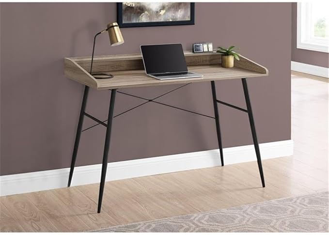 Pemberly Row Computer Desk 47 W x 23 D Dark Taupe Wood-Look Finish Black Metal Base Hutch with Shelf and Storage Cubbies Mid-Century Modern Home Office or Bedroom Laptop Table