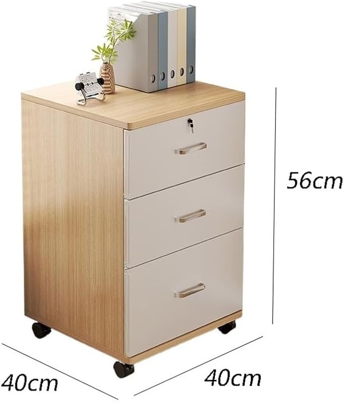 File Cabinet Wooden Thickened Under-Desk Filing Cabinet Movable Office Simple Lockable Storage Cabinet Bedroom Bedside Cabinet Filing Cabinets(Natural)