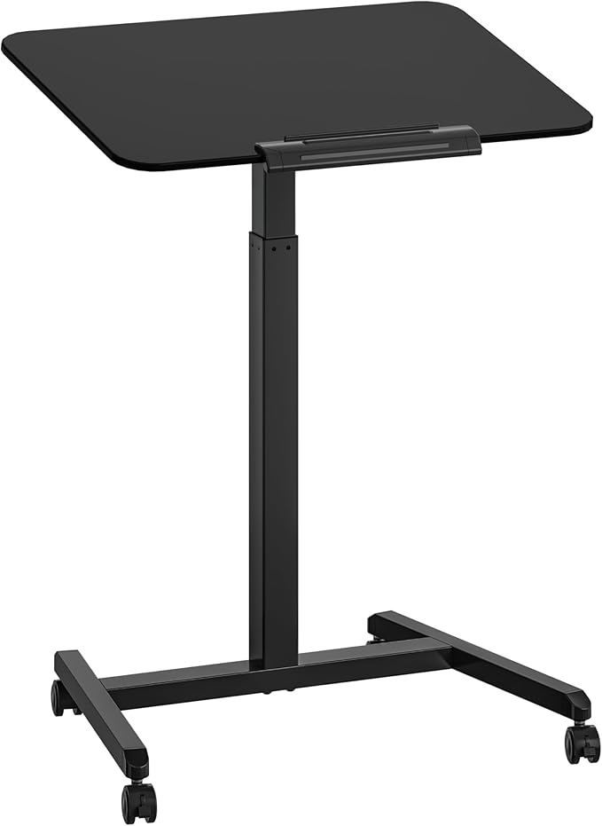 Seville Classics Airlift Height Adjustable Pneumatic Laptop Sit Stand Desk Mobile Rolling Cart Computer Workstation for Home Office Classroom Black 25.6 Tilting Desktop