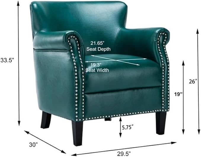 Pemberly Row Modern Club Accent Chair Teal Green Faux Leather Upholstery Hardwood Frame Chrome Nailhead Trim Solid Wood Legs No Assembly Comfortable Seating for Living Room Bedroom or Office