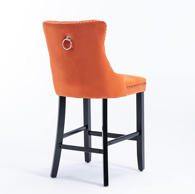 Modern Upholstered BarstoolsVelvet Bar ChairsSet of 2Wooden LegsLeisure Style Bar ChairsHigh Backrest ChairKitchen Island Chairs for CafesLiving RoomKitchenBarOrange