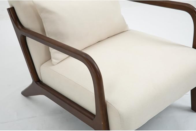 Mid Century Modern Accent Chair with Wood Frame Upholstered Living Room Chairs with Waist Cushion Reading Armchair for Bedroom Sunroom (White + Velvet + Cotton-1)