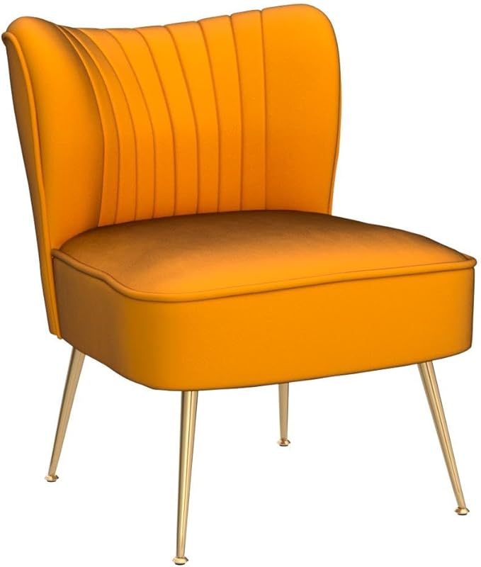 Orange Velvet Accent Chairs Set of 2 with Golden Legs Upholstered Side Chairs Mid-Century Modern Slipper Chairs for Guest Room Comfy Armless Wingback Corner Single Sofa Living Room Chairs