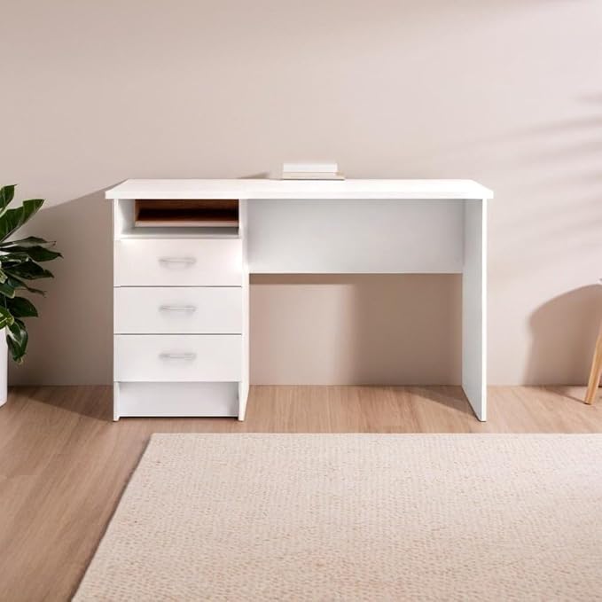 Stylish White Desk with Three Drawers and Open Shelf for Home Office