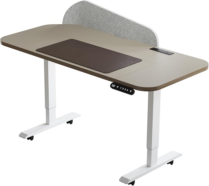 Radlove Electric Standing Desk 63 x 30'' Ergonomically Curved Desktop with Outlet Lockable Casters 4 Memory Keys Easy to Set Home Office Desk Beige Top White Frame Grey Privacy Panel