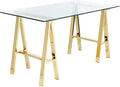 UrbanPro Small Metal Writing Desk 55 in Glass Top Polished Gold Finish Sawhorse Style Legs Handmade Furniture for Home Office or Workspace Durable Construction No Assembly Required