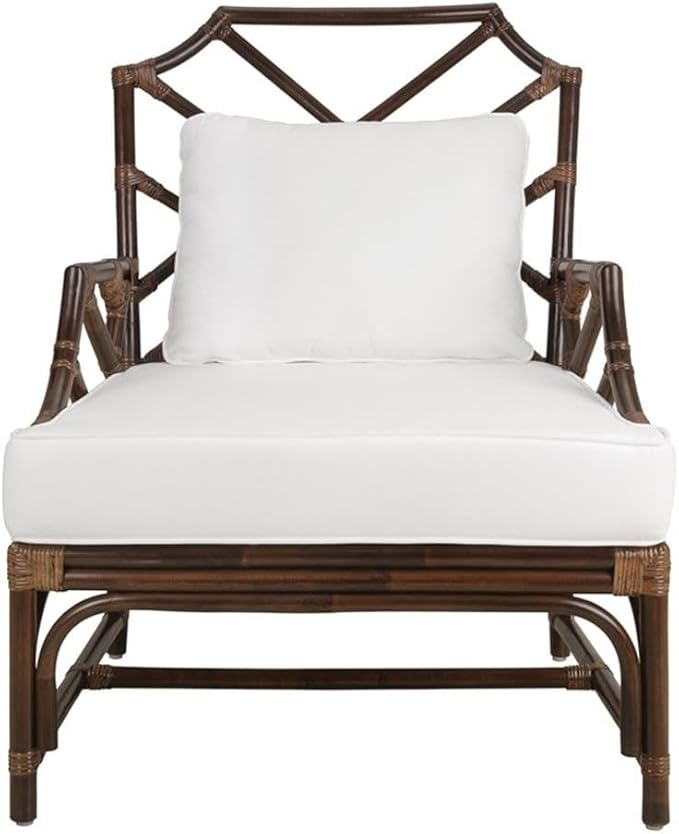 Pemberly Row Accent Arm Chair 17.5 Seat Height Rattan and Cotton Paloma Brown Finish Chinese Chippendale Style Removable Cushion Coastal or Classic Decor for Living Room or Bedroom