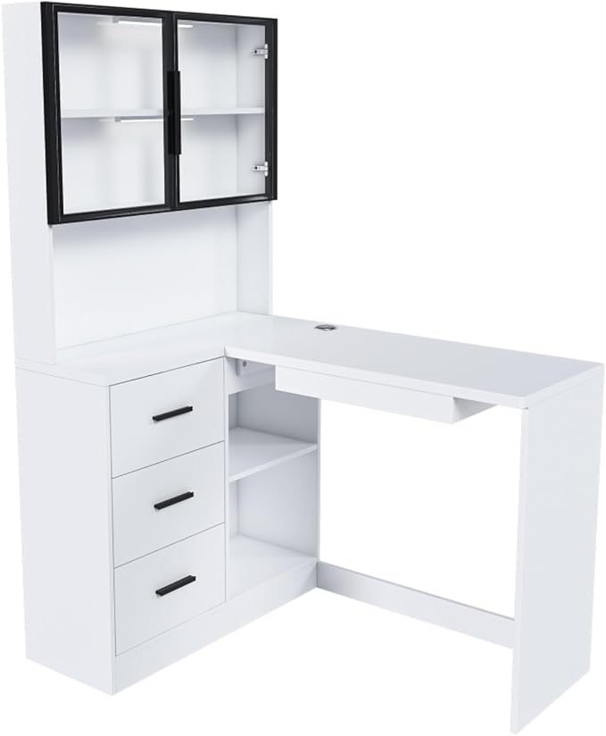 Ergonomic L-Shaped Design Housheold Glass Cabinet Computer Desk with LED Lights USB Ports &amp Keyboard Tray for Home Offices and Corporate Spaces (White)