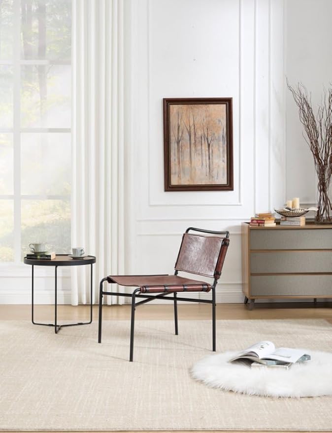 Accent Chairs Set of 4 - Mid-Century Modern Style Armless Lounge Chairs Sturdy Metal Frame Breathable and Comfortable Sling Chair for Living Room Bedroom and Small Spaces (Reddish Brown)