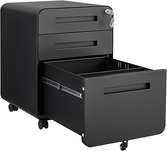Office Pedestal File Cabinet: Lockable Compact Storage Solution for Home Office - Under Desk Cabinet with Removable Pencil Tray Hanging Bar and 5 Utility Wheels (Black)