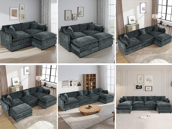 Aoowow Modular Sectional Sofa Modern Convertible Loveseat Couch77.16 Inch Deep 2-Seater Sofas Comfy Chenille Cloud Sofas and Couches Set with Movable Ottoman for Living Room Apartment（Grey）