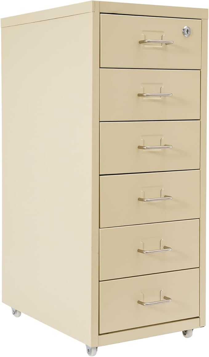6 Drawers File Cabinet with Lock Rolling Mobile Filing Cabinet with Wheels Under Desk Vertical Filing Cabinet for Office/Home Metal (Wood Yellow)