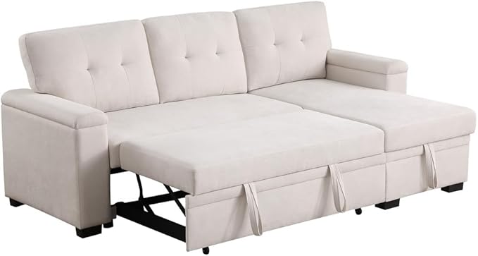 Lilola Home Convertible Sectional Sleeper Sofa Bed 85 Inch L Shaped Couch with Pull Out Bed Storage Chaise Removable Back Cushions for Living Room Office Woven Fabric Beige