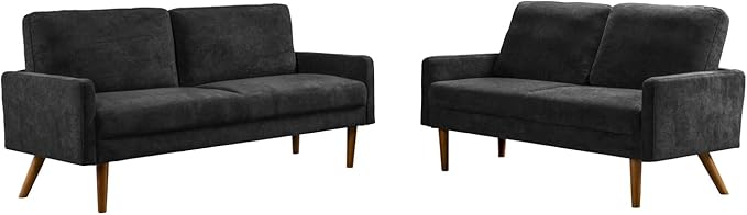 Kent 2 Piece Velvet Sofa and Loveseat Set European Style with Modern &amp Vintage Flair Upholstered 5 Seater Couch Chic Living Room Furniture Seating for Home Apartment or Office Black