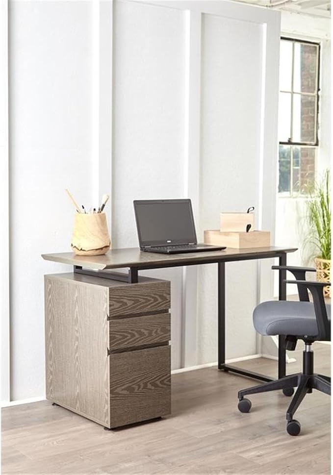 Pemberly Row 48 Reversible Home Office Desk Gray Wood Finish MDF and Steel Construction 3 Drawers with 1 File Cabinet Modern Design Compact Workspace for Home or Office Use