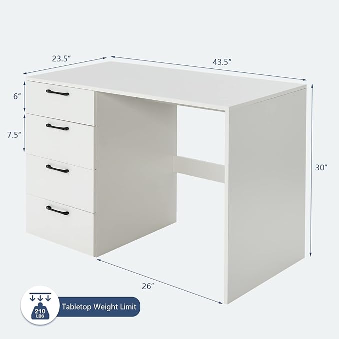 Tangkula White Desk with 4 Storage Drawers Home Office Writing Desk Modern Executive Desk Laptop PC Desk Vanity Makeup Table Computer Workstation for Bedroom Study Room Office